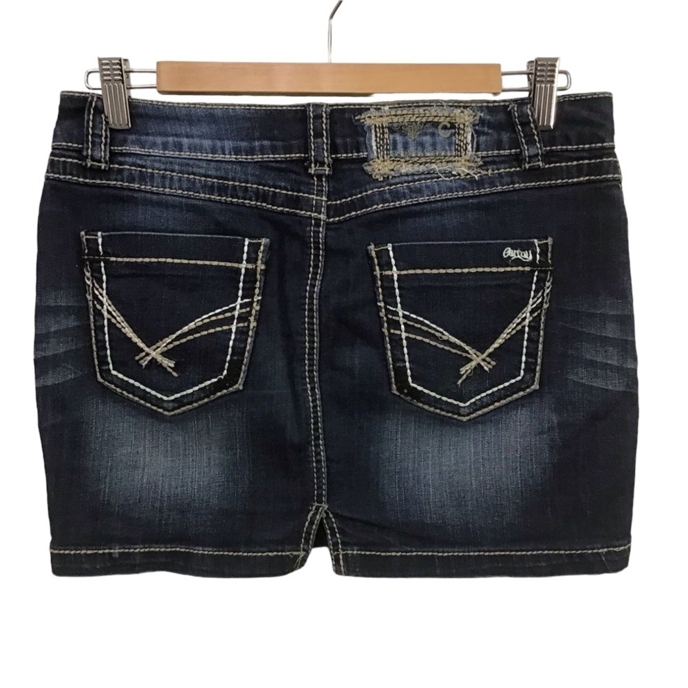 CARRELI Haley-DW mini jeans skirt dark blue ecru stitches stretchy denim 28